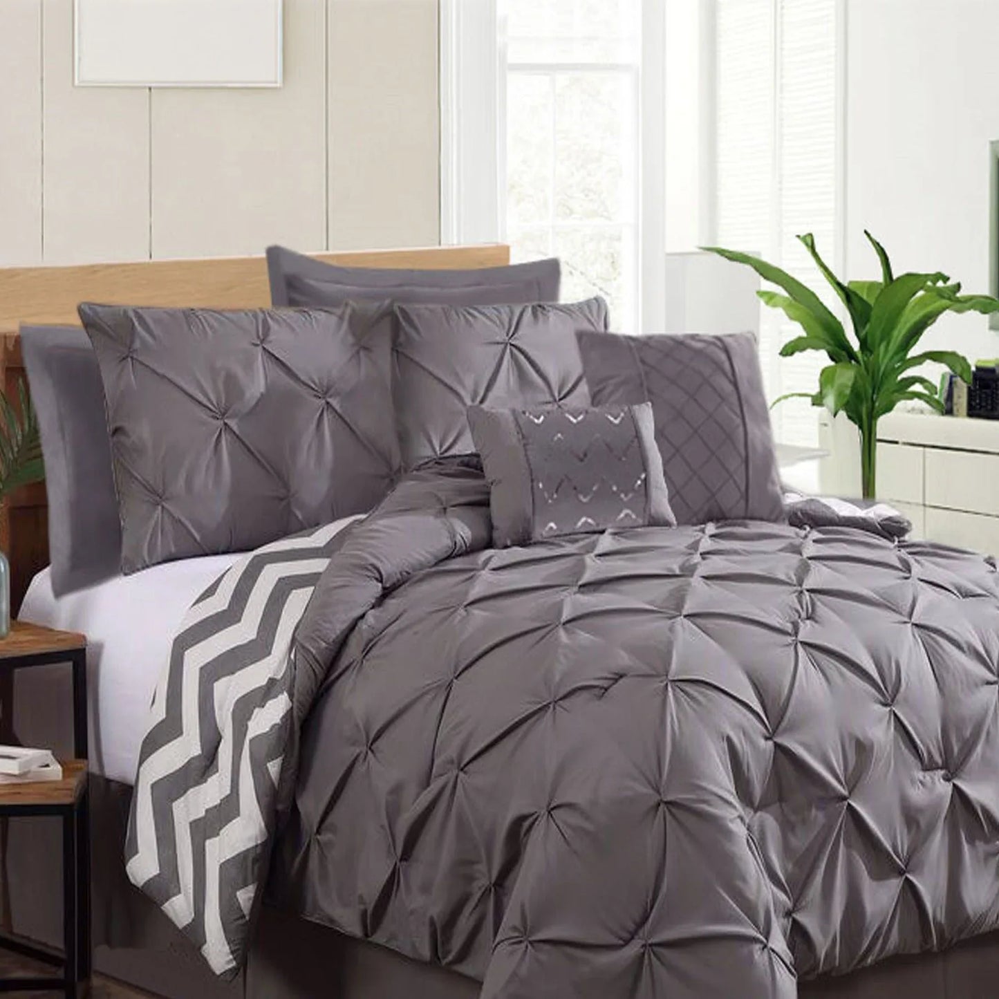 Ramesses 7 Piece Pinch Pleat Comforter Set Charcoal Queen - Mekamart Australia