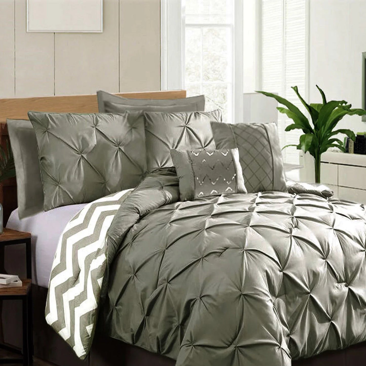 Ramesses 7 Piece Pinch Pleat Comforter Set Grey Queen - Mekamart Australia