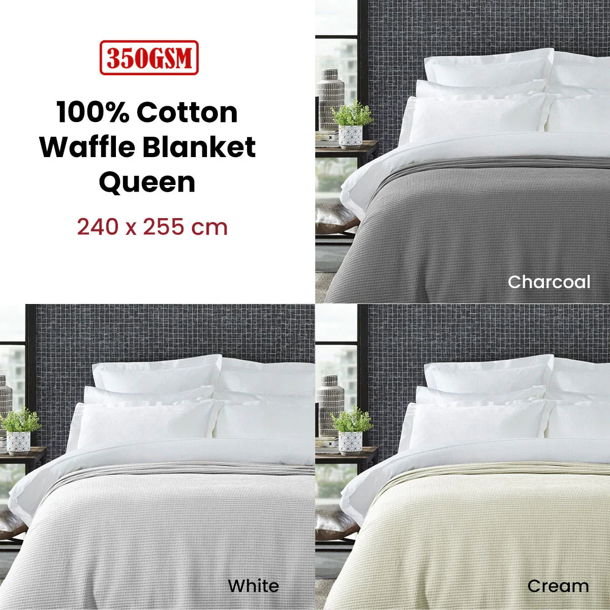 Living @ Home 350gsm 100% Cotton Breathable Waffle Blanket Queen 240 x 255 cm Cream - Mekamart Australia