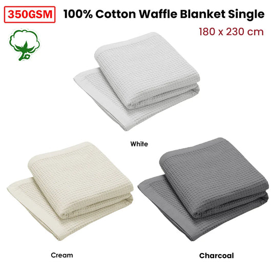 Living @ Home 350gsm 100% Cotton Breathable Waffle Blanket Single 180 x 230 cm White - Mekamart Australia