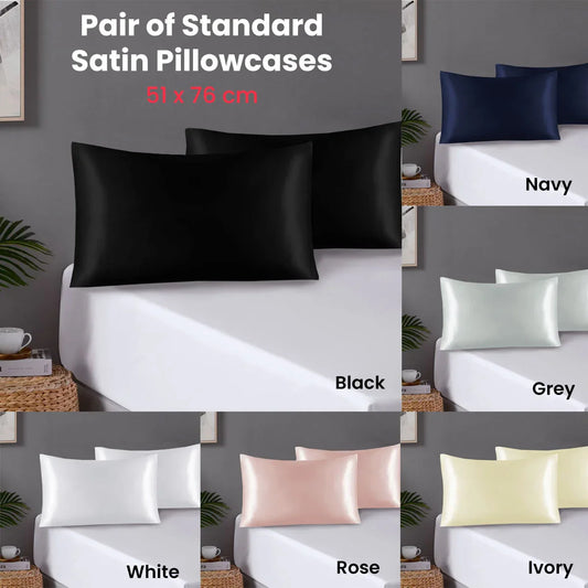 Pair of Standard Satin Silk Pillowcases with Envelope Closure 51 x 76 cm Ivory - Mekamart Australia