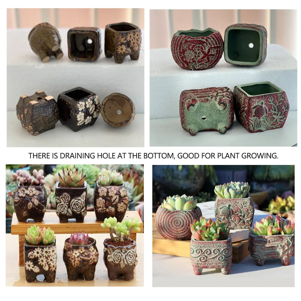 4/5/6 Pots Set Ceramic Clay Pottery Pots Succulent Flower Planter Draining Hole(Style 02# 4 Pots Set) - Mekamart Australia