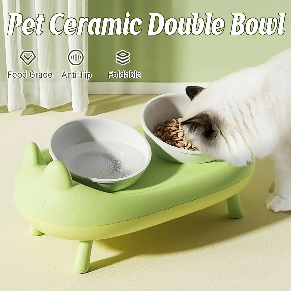 Cat Bowl Ceramic Double Bowl Non Slip Food Safe Durable for Dry Wet Food Water