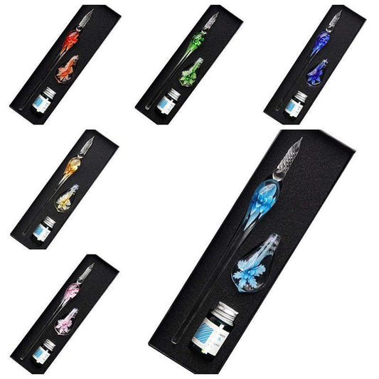 Crystal Flower Glass Dipping Dip Pen Writing Set Gift Pack Fountain Calligraphy - Sky Blue