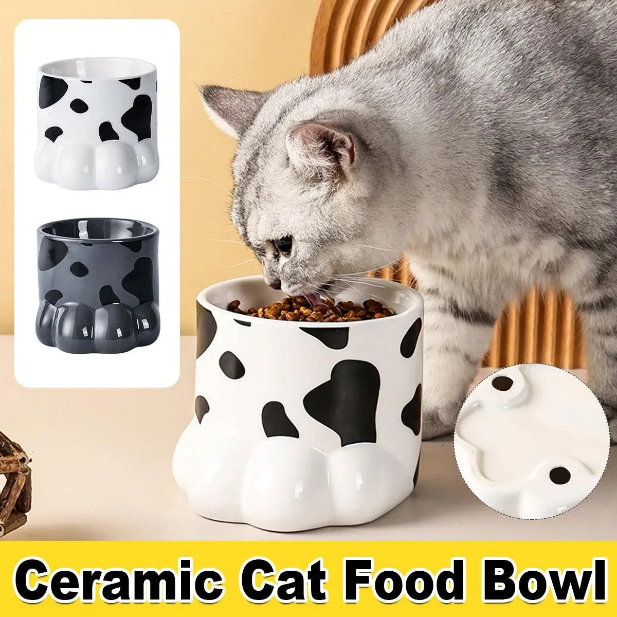 Ceramic Cat Food Bowl Cute Drinking Bowl for Pets Non Slip Food Water Dish Bowl - Grey