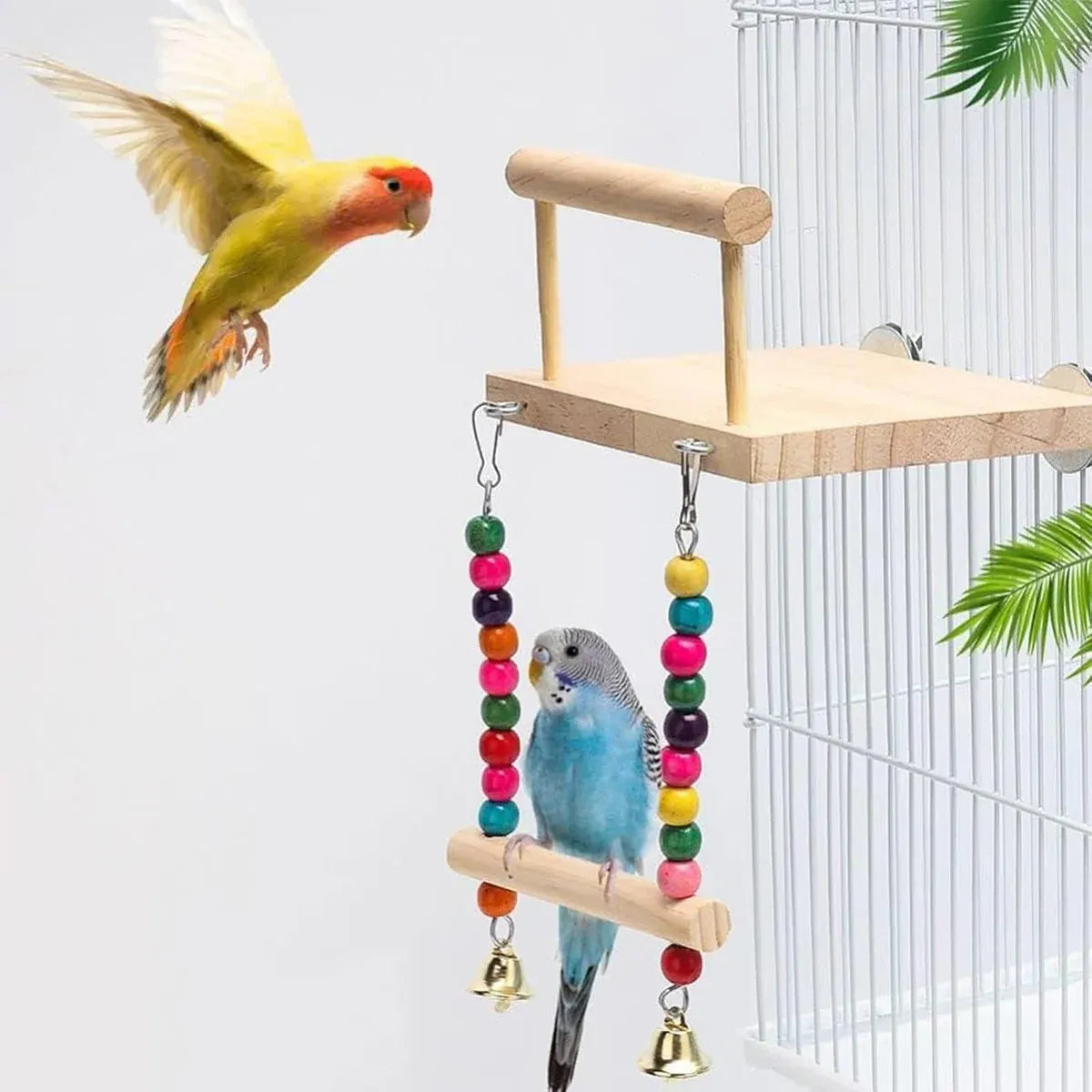 Bird Swing Parrot Cage Toy Wooden Swing with Beads and Bells Hanging Play - Chain Swing