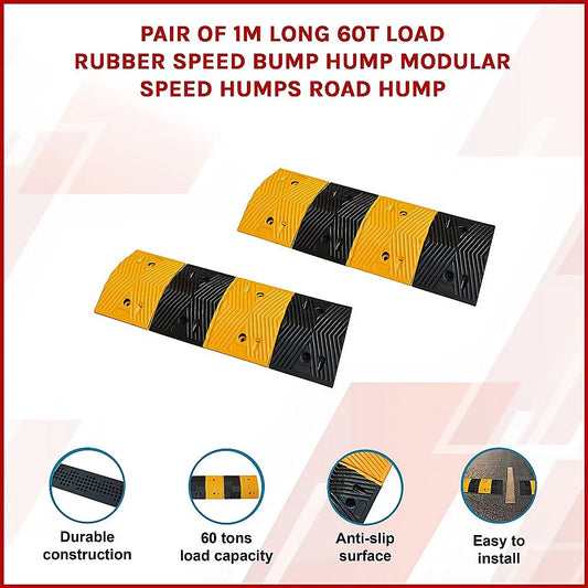 Pair of 1m Long 60T Load Rubber Speed Bump Hump Modular Speed Humps Road Hump - Mekamart Australia