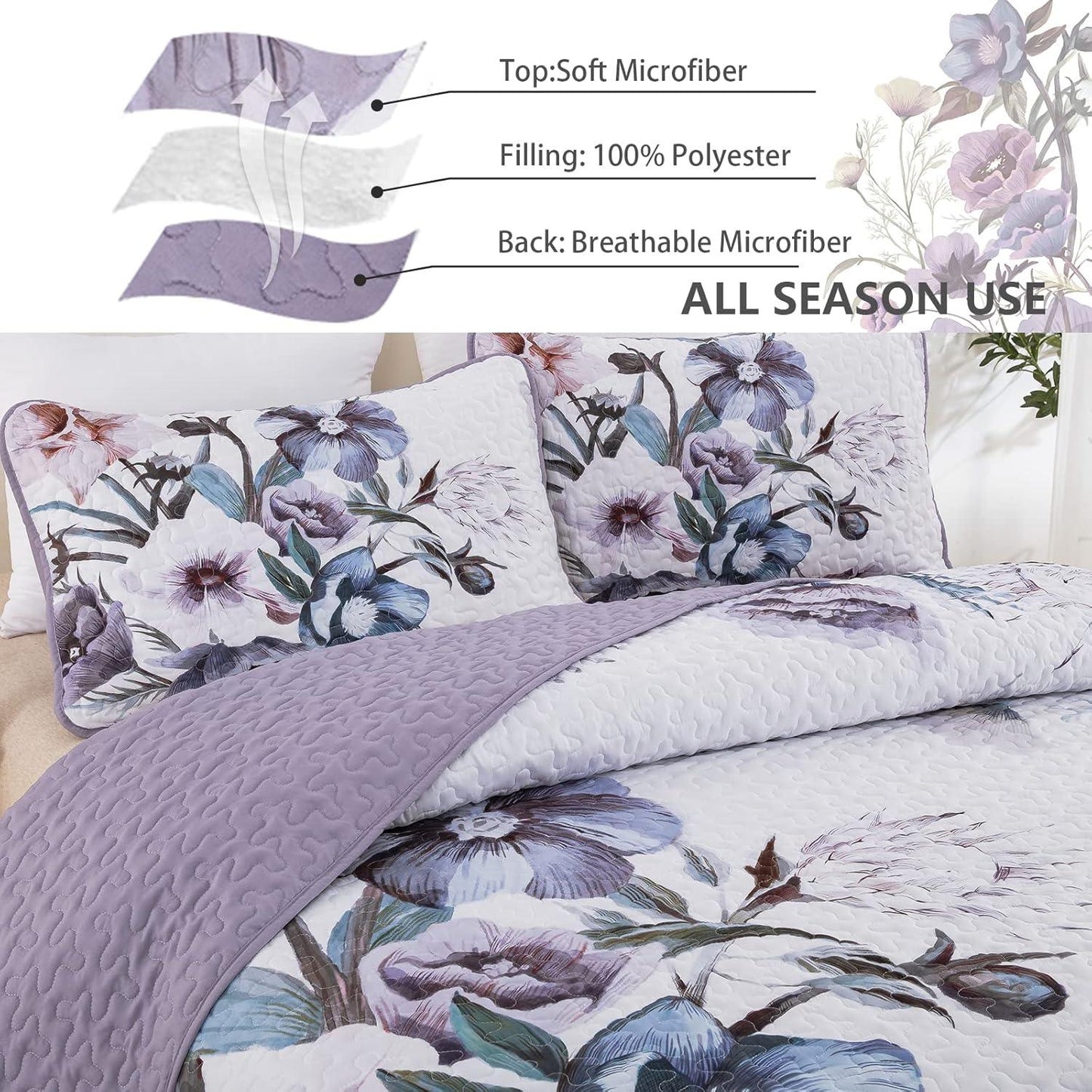 Romantic Wildflower Soft Cozy 3 Pc Bedspread & Pillow Cover Set - Mekamart Australia