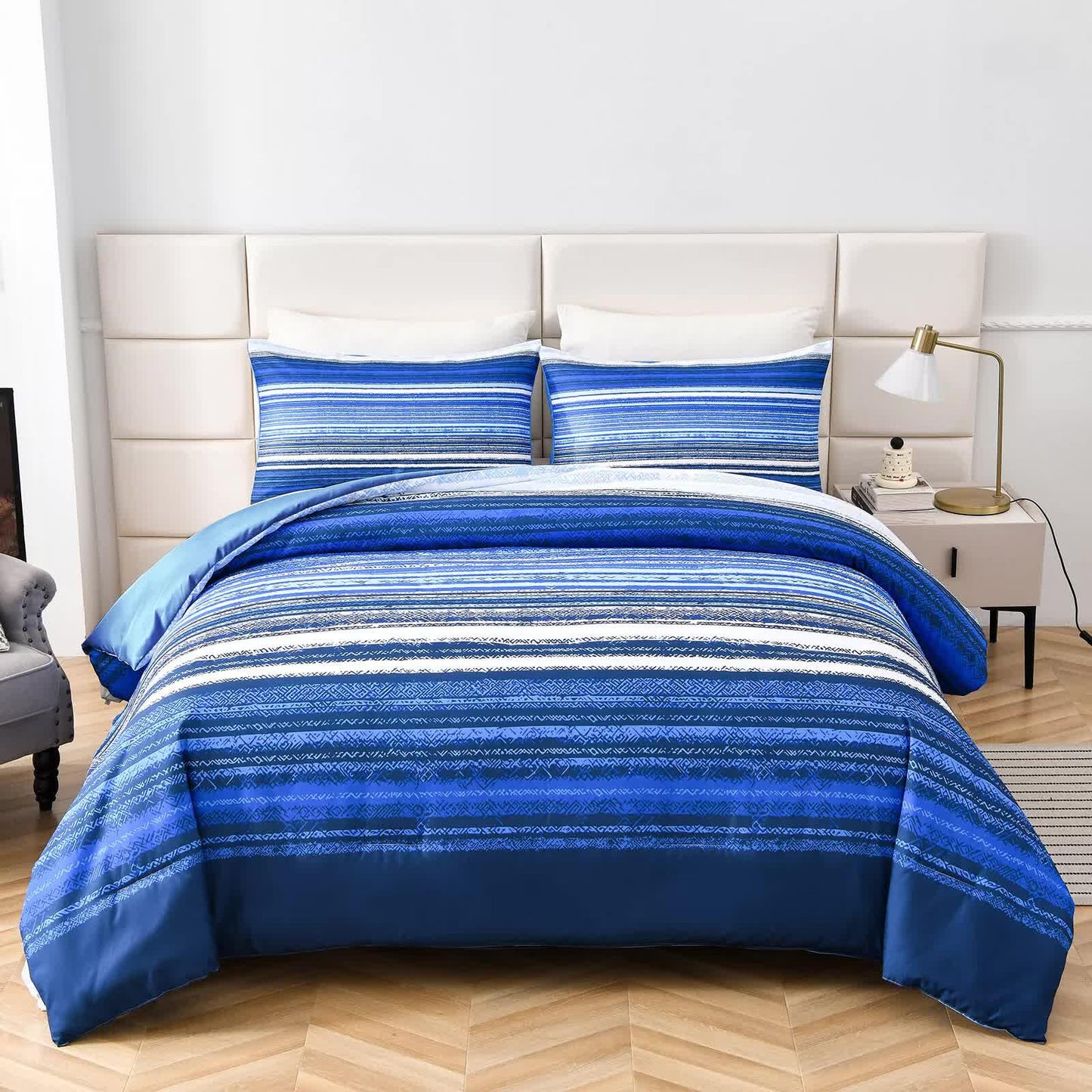 Nordic Calm stripes Blue 3‑Piece Comforter Set – Scandi Chic Vibes - Mekamart Australia
