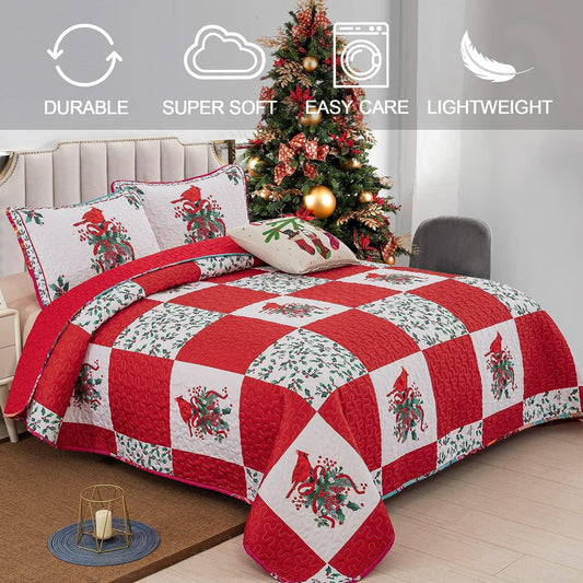 Elegant Red, greem & White Christmas Queen Bedspread Set - Mekamart Australia