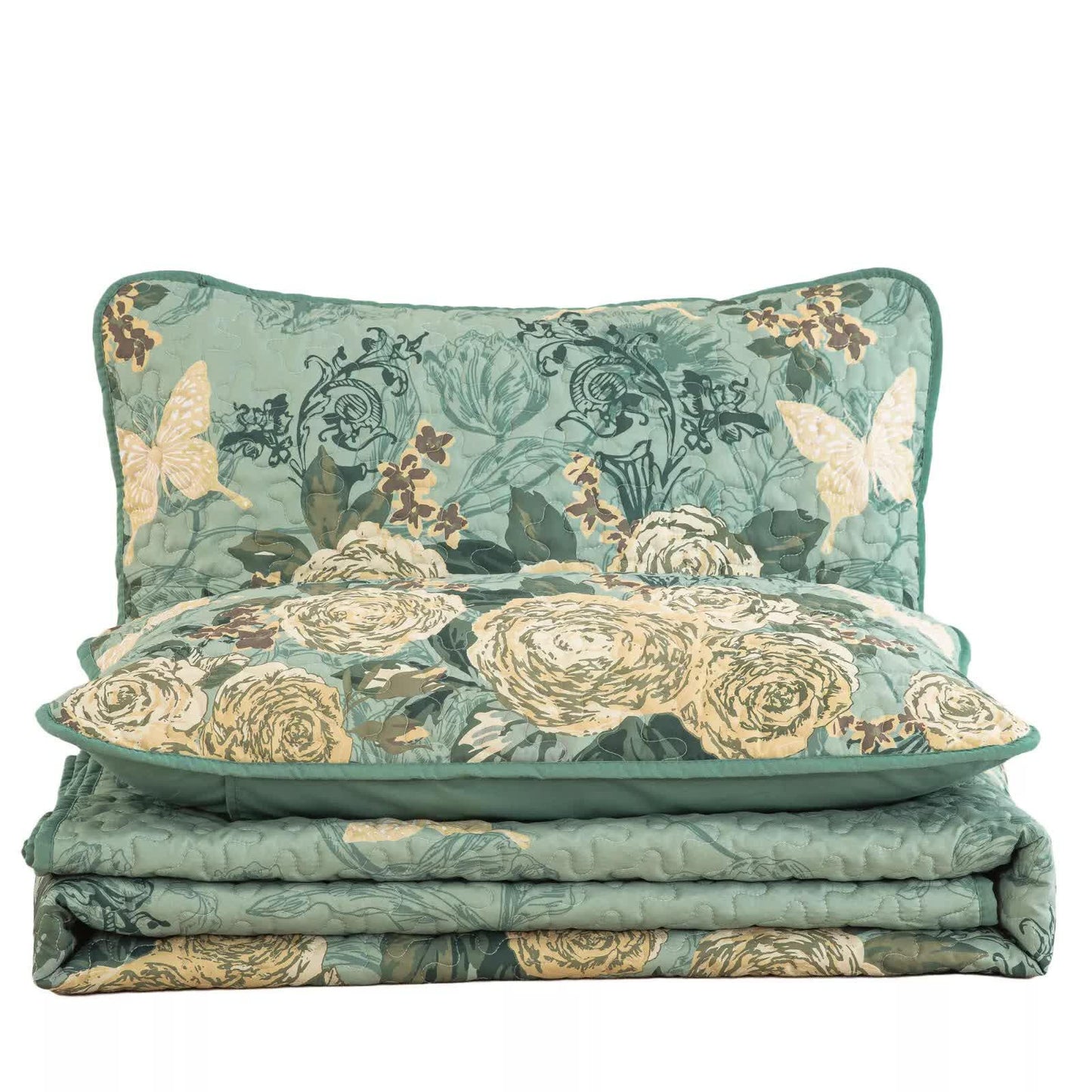 Meadow Butterfly Green Quilted Bedspread Set with Floral Details and Pillowcases - Mekamart Australia