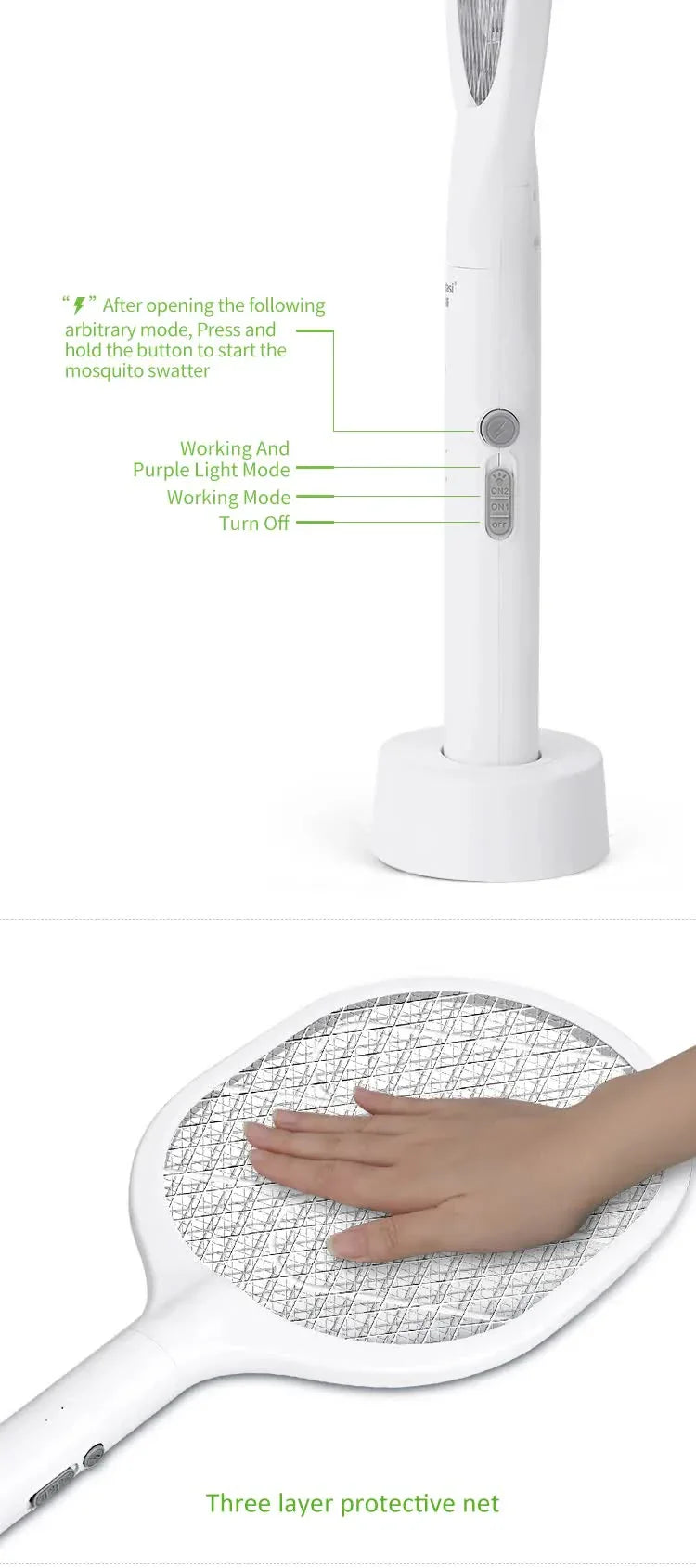 White Rechargeable Electric Mosquito Racket - 2-in-1 Mosquito Killer with Lithium Battery, Fly Swatter & Mosquito Zapper for Home Use - Mekamart Australia