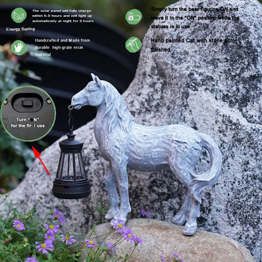 Grey Solar-Powered Horse Statue with LED Lantern – Rustic Outdoor Garden Ornament - Mekamart Australia