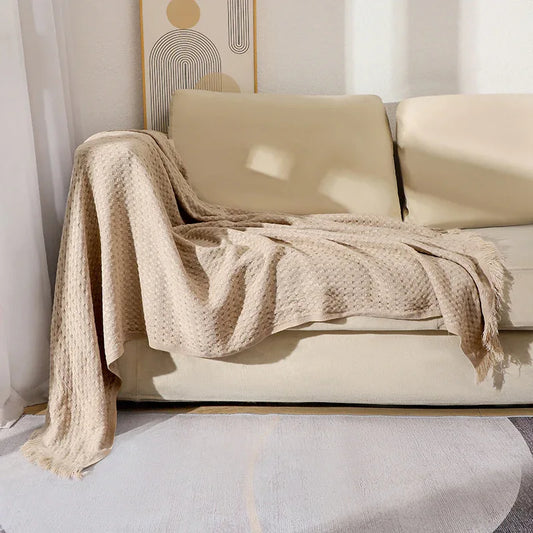 130*230CM Khaki Nordic Solid Color Knitted Sofa Throw Blanket with Tassels - Waffle Weave Polyester Decorative Blanket - Mekamart Australia