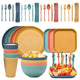 Four-person Set Multicolor Eco-Friendly Wheat Straw Dinnerware Set, Plate, Bowl, Cup & Utensil Set - Lightweight, Reusable, and Durable for Home, School, and Travel - Mekamart Australia
