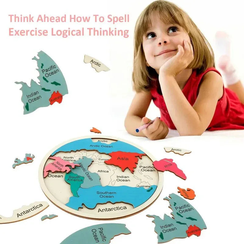 Colorful Wooden World Map Puzzle – 7 Continents Educational Geography Toy for Kids - Mekamart Australia