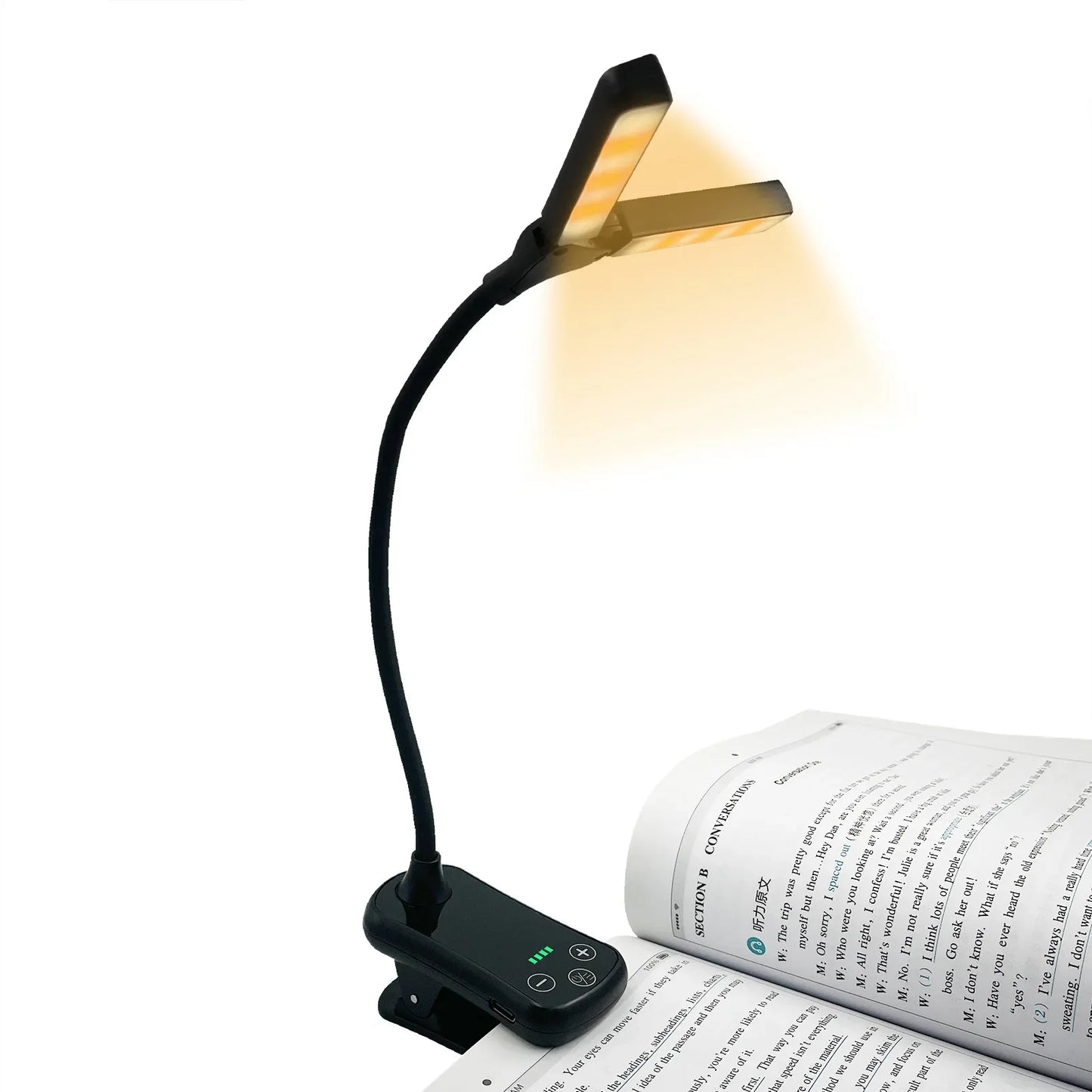 White Rechargeable Dual-Head Clip-On Book Light - Touch Control Reading Lamp with Eye Protection - Mekamart Australia