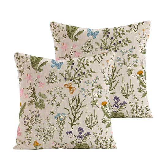 Style 2 Wildflower Linen Pillow Cover - Botanical Print Cushion Case (One pair: 45x45cm) - Mekamart Australia
