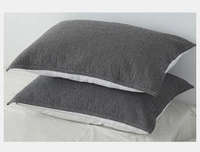 Grey Breathable 4-Layer Cotton Gauze Pillow Towel Pair - Japanese Style Grid (52x75cm) - Mekamart Australia
