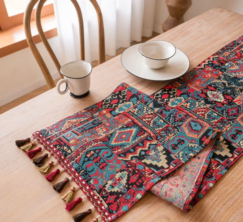 Jacquard Black With Plum Blossom 33-180cm Elegant Geometric Jacquard Table Runner with Tassels - Modern Dining & Coffee Table Decor - Mekamart Australia