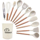 White 11-Piece Silicone Kitchen Utensil Set with Wooden Handles and Storage Bucket - Heat Resistant and Non-Stick - Mekamart Australia