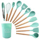 Dark Green 11-Piece Silicone Kitchen Utensil Set with Wooden Handles and Storage Bucket - Heat Resistant and Non-Stick - Mekamart Australia