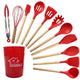 Red 11-Piece Silicone Kitchen Utensil Set with Wooden Handles and Storage Bucket - Heat Resistant and Non-Stick - Mekamart Australia