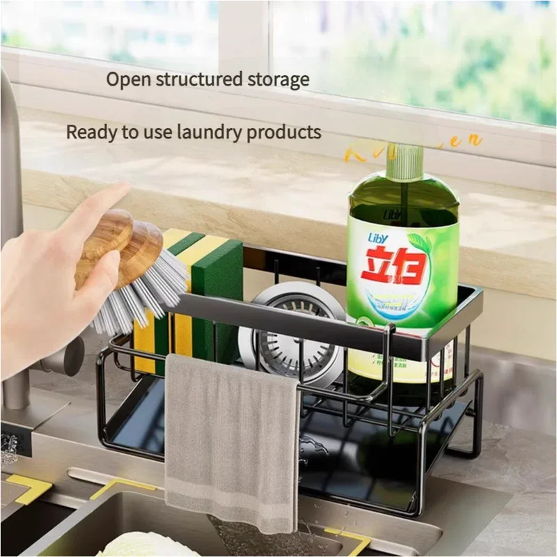 Kitchen Sink Caddy Organizer with Towel Bar & Drain Tray - Durable Metal Sponge Holder(White) - Mekamart Australia