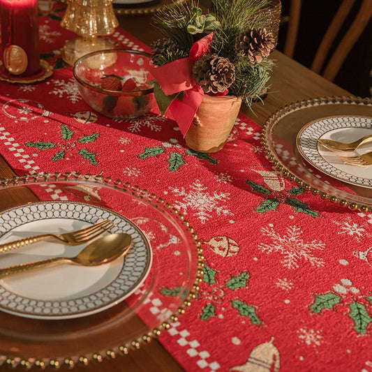 Red Christmas Table Runner with Tassels - Festive Snowflake & Bell Print (35*240cm) - Mekamart Australia