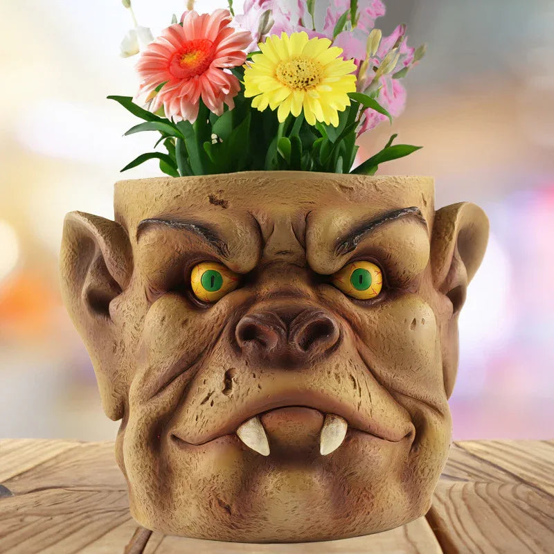 Brown Unique Goblin Head Planter Pot - Resin Monster Face for Succulents & Decor (Style 2) - Mekamart Australia
