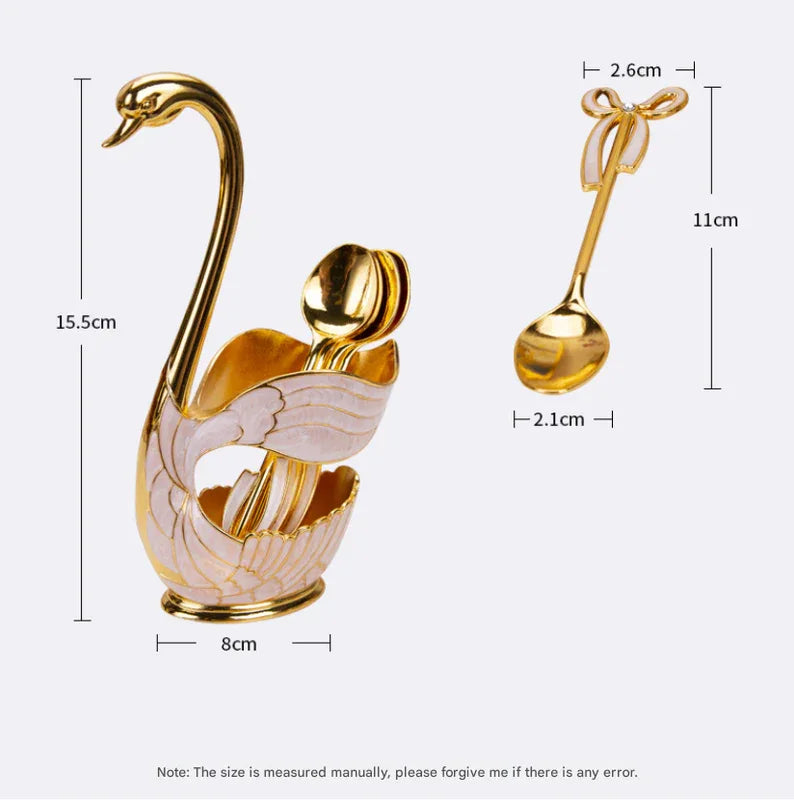 Elegant Swan Base Spoon Holder Set with 6 Coffee/Dessert Spoons(Gold and white spoon) - Mekamart Australia