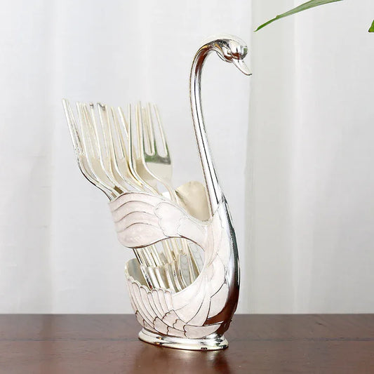 Elegant Swan Base Spoon Holder Set with 6 Coffee/Dessert Spoons(Silver fork) - Mekamart Australia