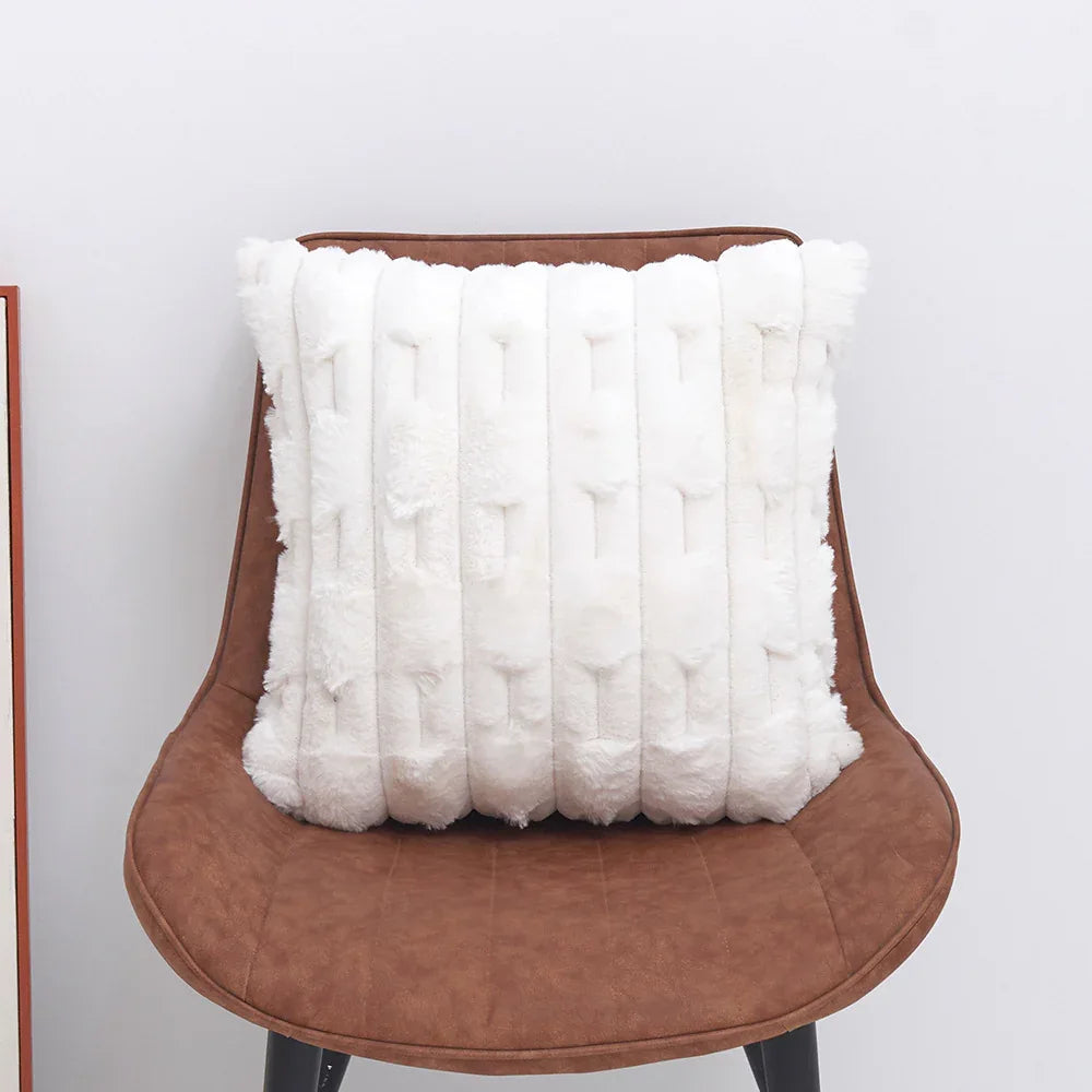 A pair of White Plush Faux Rabbit Fur Throw Pillow Cover - Textured Wheat Ear Design (45x45cm) - Mekamart Australia