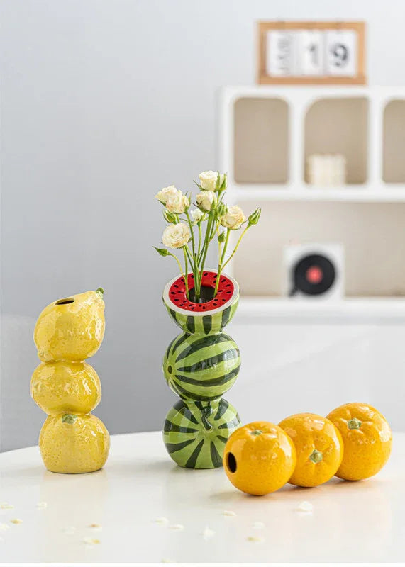 Bright Yellow Whimsical Stacked Orange Ceramic Vase - Modern Nordic Tabletop Decor - Mekamart Australia