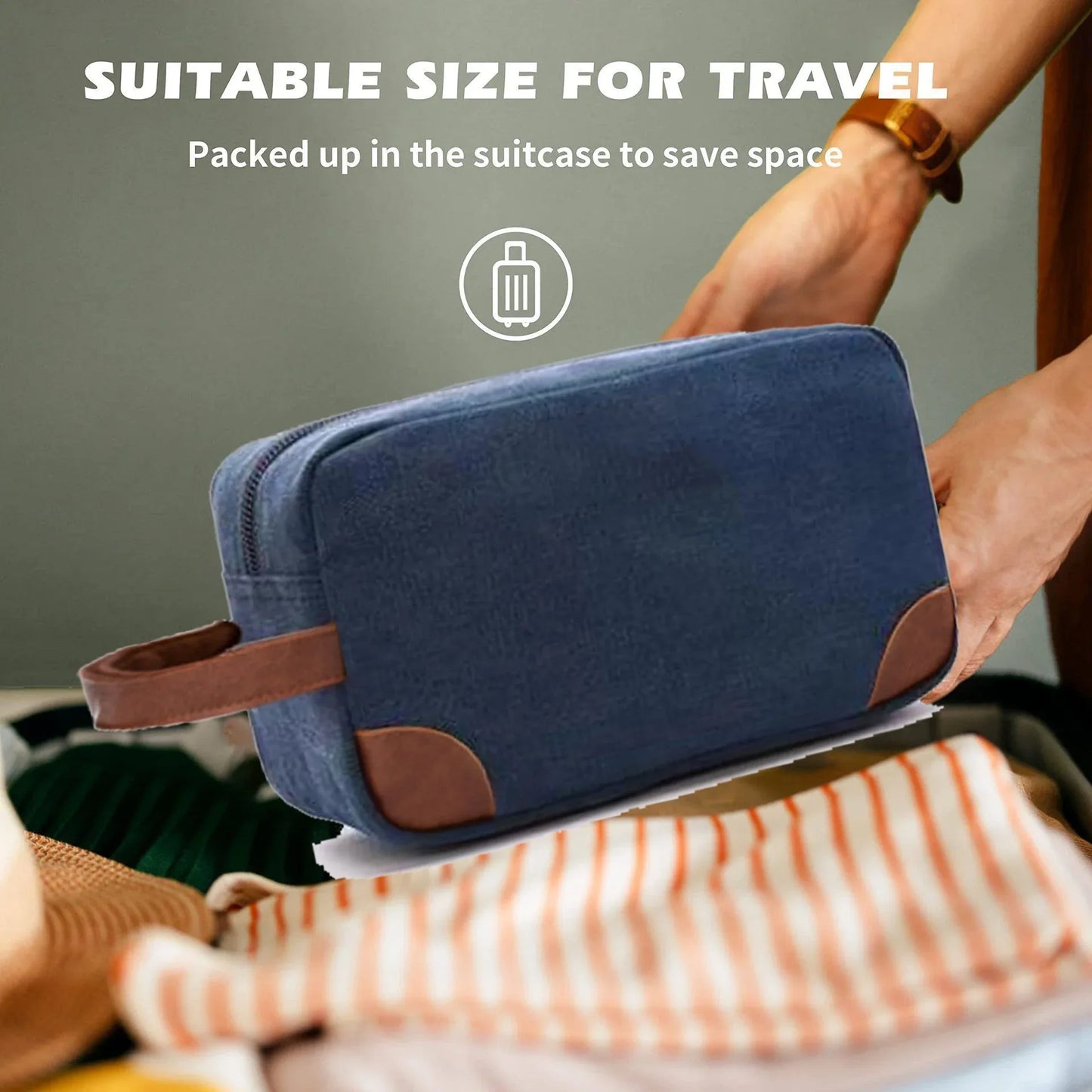 Dark Blue And Brown Men's Canvas Toiletry Bag - Large Capacity Water-Resistant Travel Organizer Dopp Kit with Handle - Mekamart Australia