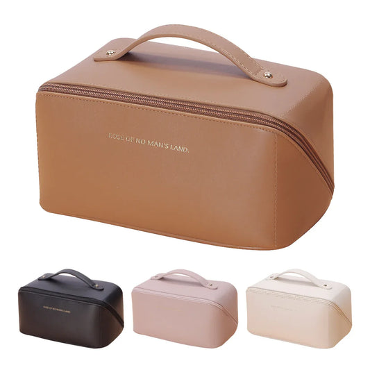 Beige Elegant PU Leather Makeup Bag & Toiletry Organizer with Detachable Mesh Pouch - Large Capacity Travel Cosmetic Case - Mekamart Australia