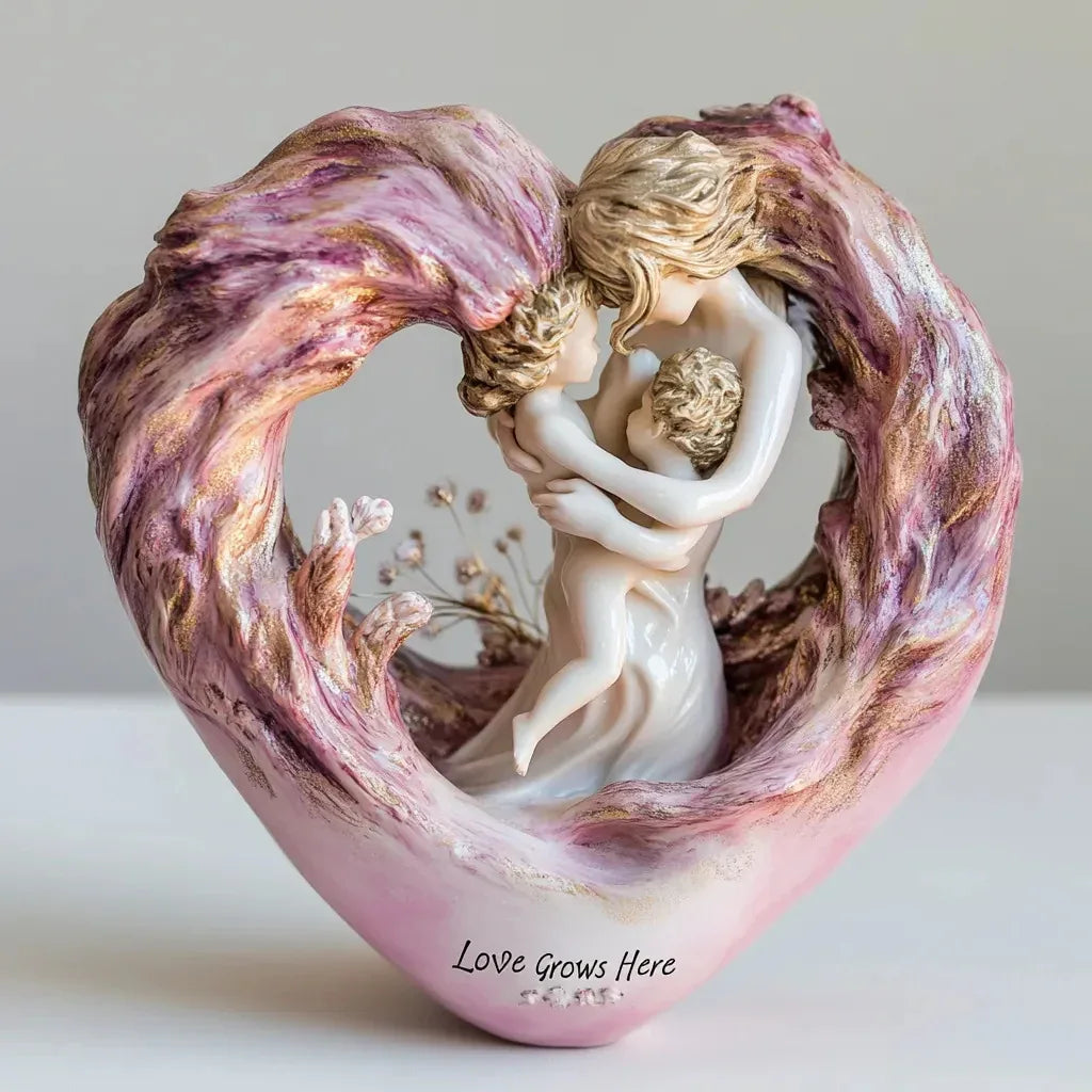Pink Heartfelt Mother & Two Children Resin Figurine - "Love Grows Here" Decorative Home Accent Sculpture - Mekamart Australia