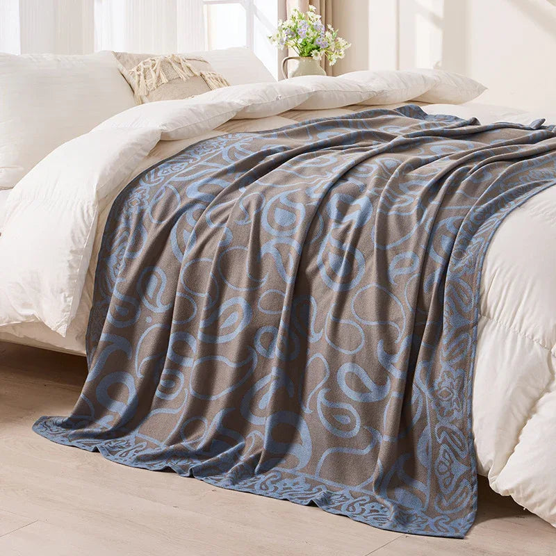 Brown,Taupe and Blue Elegant Patterned Throw Blanket - Soft Polyester Nap & Sofa Cover, 185x135cm Lightweight AC Blanket - Mekamart Australia