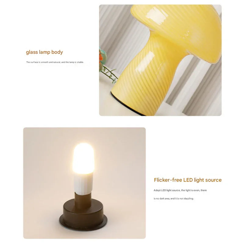 Stripe-Pure Leather Pink Retro Swirl Glass Mushroom Table Lamp - LED Bedside Night Light - Mekamart Australia