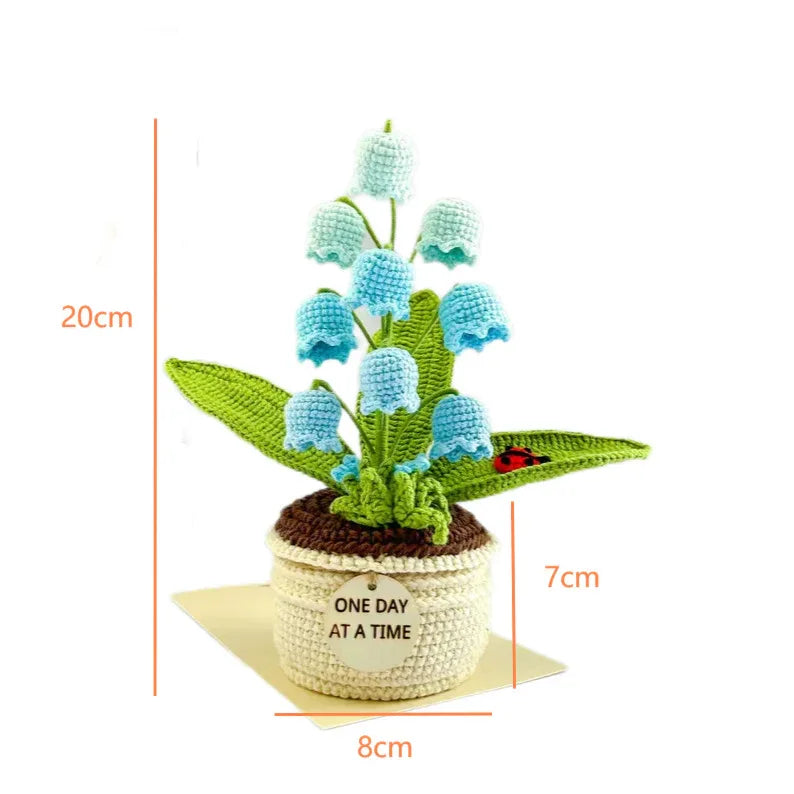 Pink Handmade Crochet Lily of the Valley Potted Plant - Gradient Blue Flower Decor Gift - Mekamart Australia