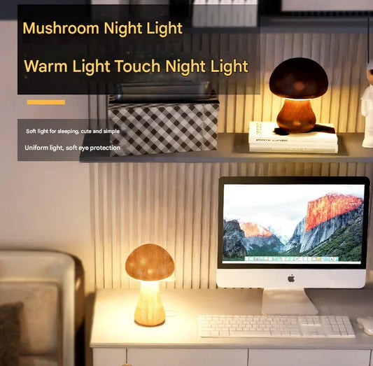 Dun-dun Model Dark Brown Solid Wood Mushroom LED Table Lamp - Rechargeable Touch Control Bedside Night Light (Large) - Mekamart Australia