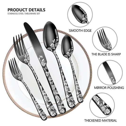 Rose Gold Elegant 20-Piece Stainless Steel Cutlery Set with Floral Design - Dinner & Steak Knives, Forks, Spoons - Mekamart Australia