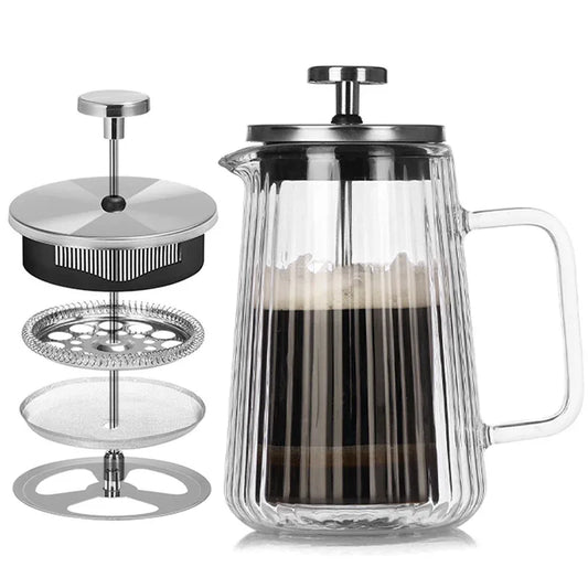 Transparent Elegant Ribbed Double Wall Glass French Press - 1000ml Heat Resistant Coffee and Tea Maker with Stainless Steel Filter - Mekamart Australia