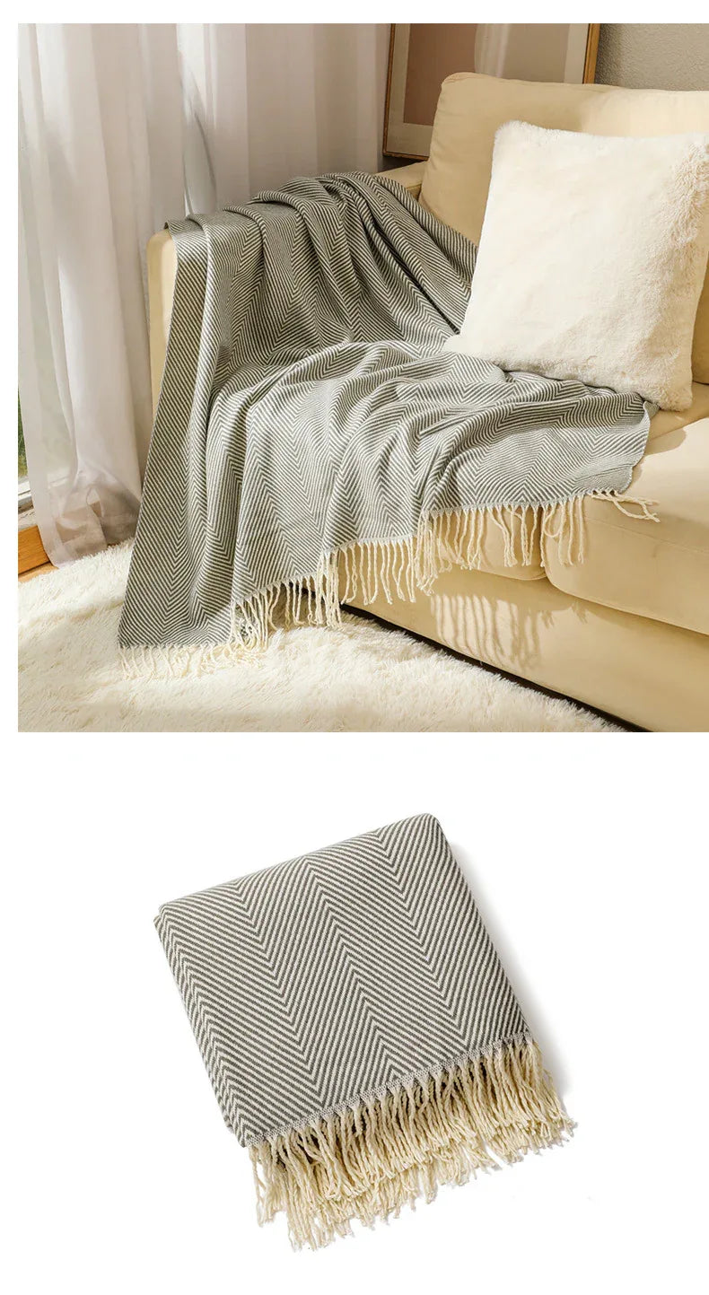 Grey Elegant Herringbone Tassel Throw Blanket - Large Acrylic Faux Cashmere Soft Cozy Blanket for Sofa, Bed & Decor (130x240cm) - Mekamart Australia