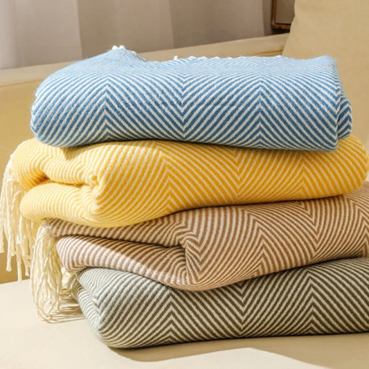 Khaki Elegant Herringbone Tassel Throw Blanket - Large Acrylic Faux Cashmere Soft Cozy Blanket for Sofa, Bed & Decor (130x240cm) - Mekamart Australia