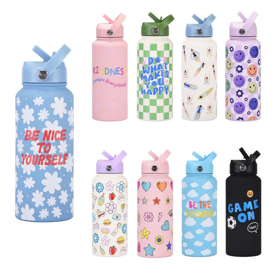 Style 9B Black Vibrant Fun Print 1L Stainless Steel Insulated Water Bottle - 32oz Large Capacity with Straw Lid & Carry Handle - BPA-Free - Mekamart Australia