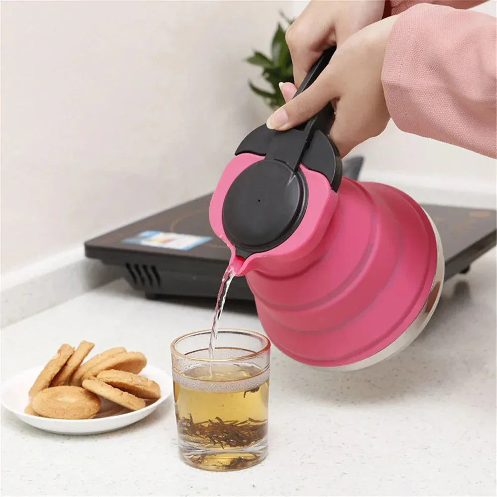 Rose Red 1.5L Collapsible Silicone Camping Kettle - Portable Foldable Travel Water Boiler, Stainless Steel Base - Mekamart Australia