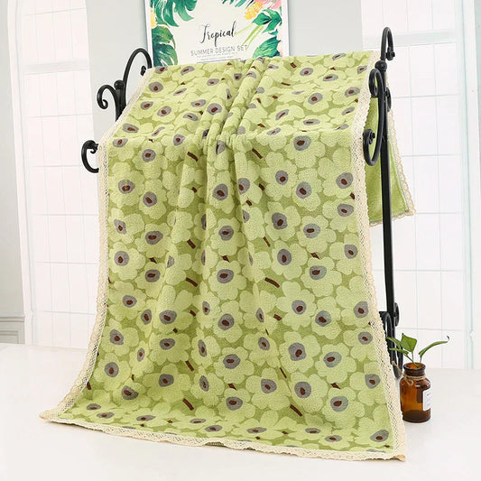 Green Vintage Floral Lace Trim Towel Set - Ultra Soft Absorbent Coral Fleece Bath & Face Towel - Mekamart Australia