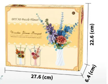 Blue DIY 3D Wooden Flower Bouquet Puzzle Set with Vase - Craft Kit for Kids and Adults - Mekamart Australia