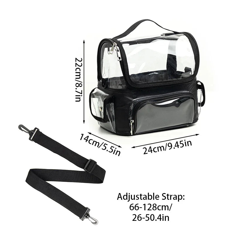Black Professional Clear Makeup Case - Portable PVC Cosmetic Organizer with Adjustable Dividers & Shoulder Strap - Mekamart Australia